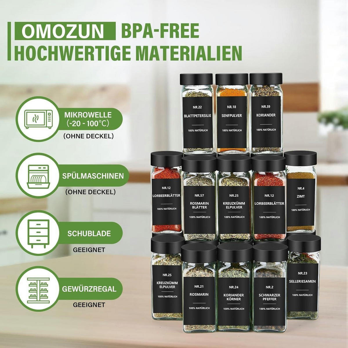 GEWÜRZGLÄSER 36er Set 120ml Glas mit Streueinsatz und Etiketten - Schwarz, Glas (4.5/10.5/4.5cm)