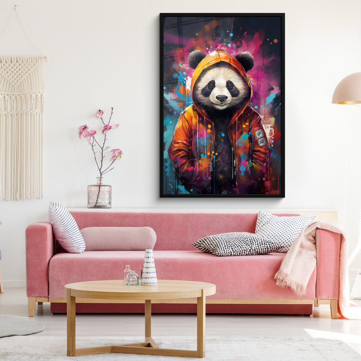 GERAHMTES BILD Panda - Jacke - Graffiti - Orange 80x120 cm - Orange, Papier (80/120cm) - MuchoWow