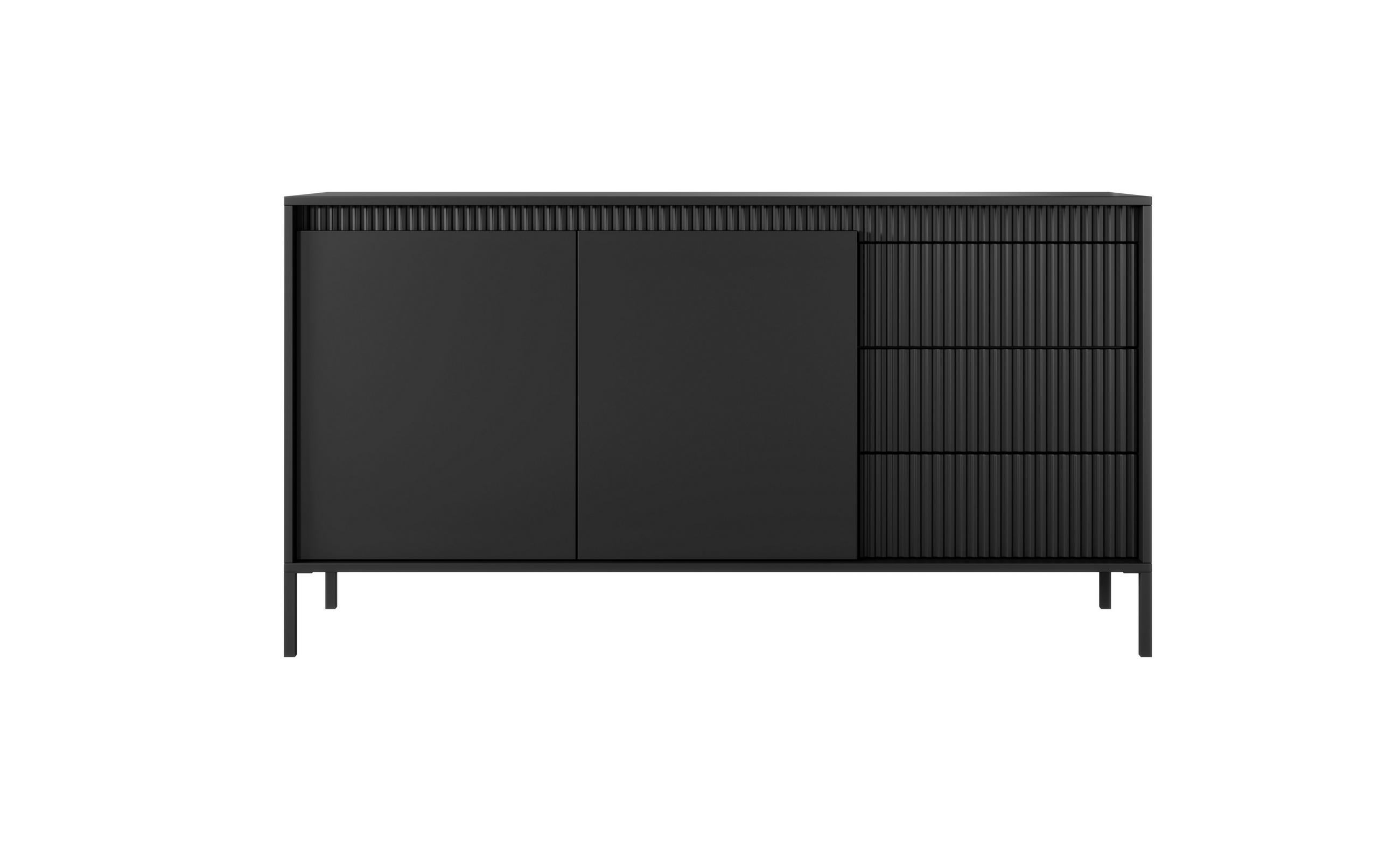 ​KOMMODE SENSO 2D3S Sideboard mit Geriffelten MDF-Fronten, Push-to-Open, Metallfüßen, 153,5x81,4x39,5 cm - Schwarz - Schwarz, Holz/Holzwerkstoff (154/82/40cm) - DomoHome