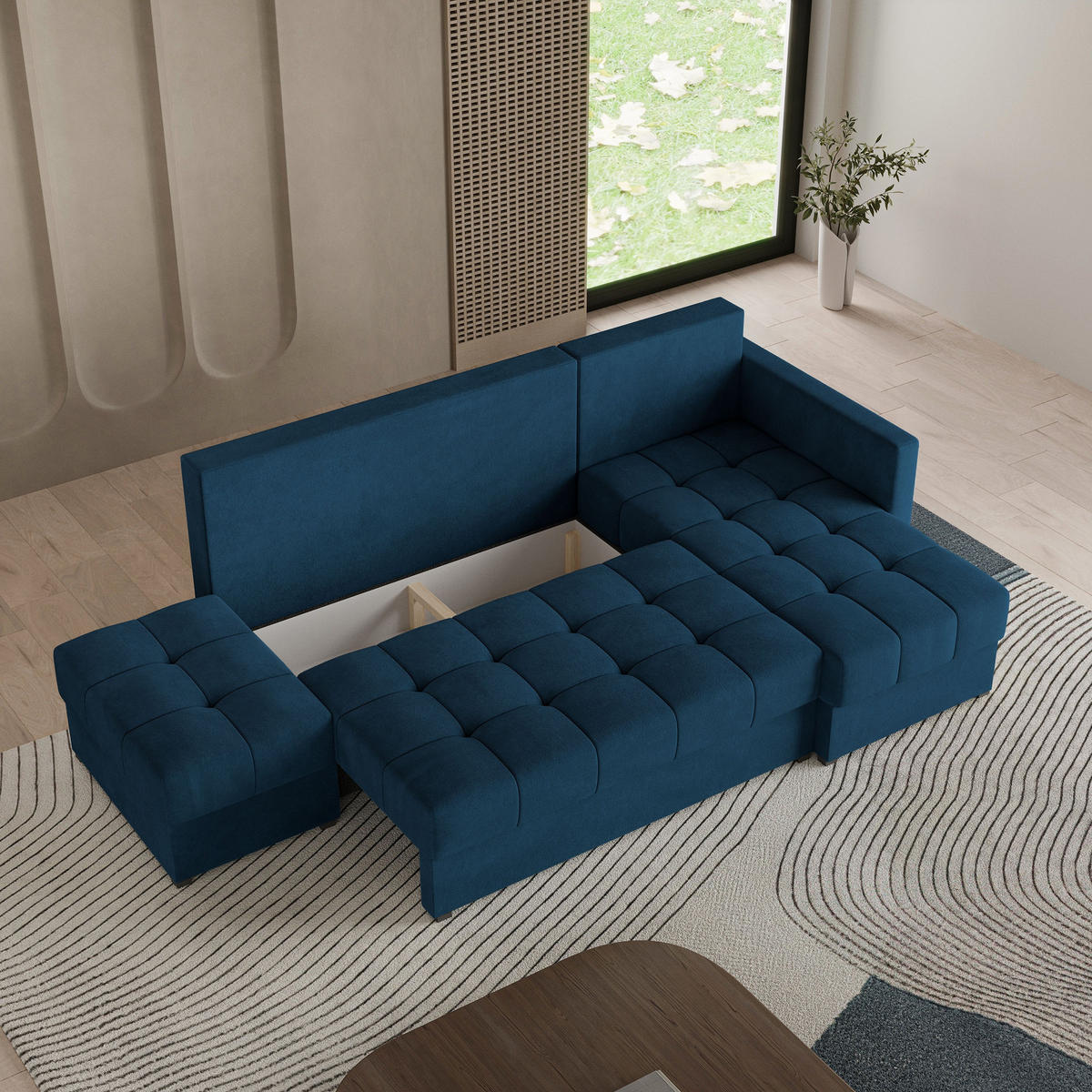 ECKSOFA LUMARI R-S Blau Plüsch-Stoff mit Schlaffunktion - Blau, Holz (262/143cm) - MASSENO
