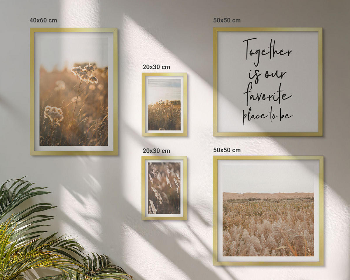 BILDER SET 5er Set - 50x50 cm & 20x30 cm & 40x60 cm Goldrahmen - Landschaftsgrasblumen Wärme - Goldfarben, Kunststoff (40/60cm) - TULUP