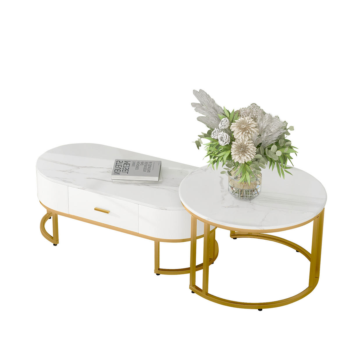 COUCHTISCH 2-teilig weiß mit edlem Metallgestell in Gold - Weiß, Holzwerkstoff (100/48/38.5cm) - OKWISH