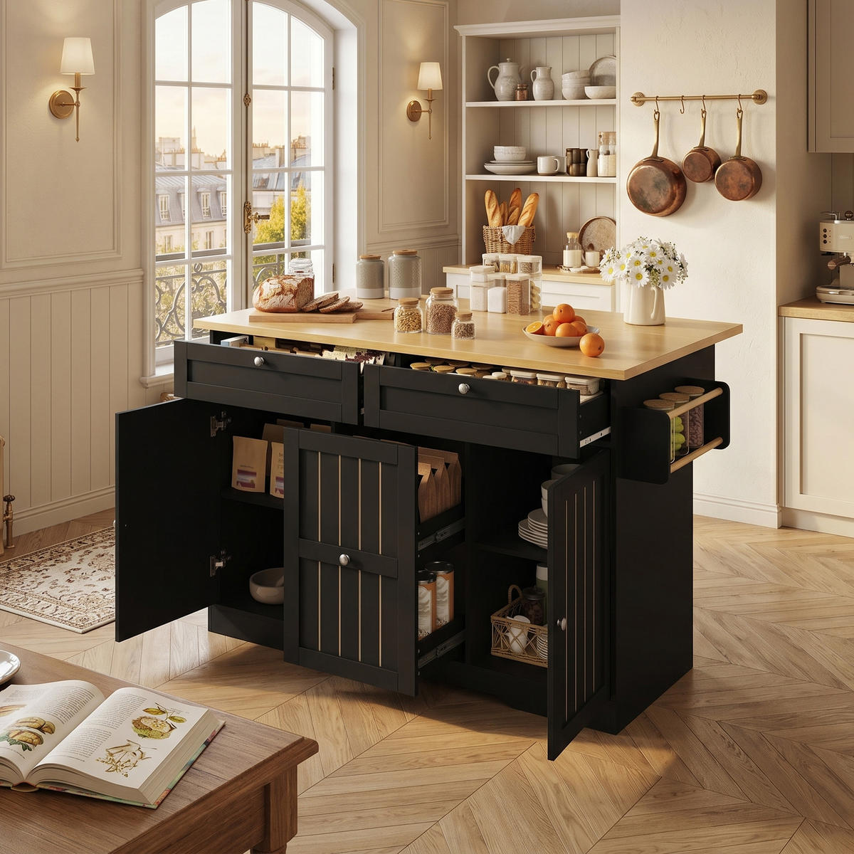 KÜCHENINSEL in Schwarz mit Holzoptik-Platte, klappbarer Arbeitsfläche und Rollen - Schwarz, Holzwerkstoff (120/92/70cm) - Urban Meuble