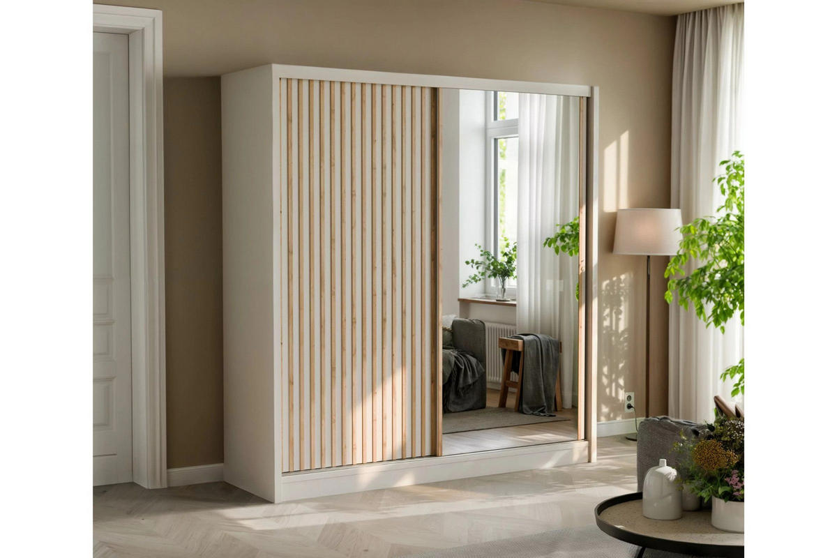 SCHWAEBETÜRENSCHRANK NEW YOURK LUX 203/215/61 cm in Kaschmir mit Lamellen und Spiegel - Kaschmir, Holzwerkstoff (203/215/61cm) - Deine Möbel 24