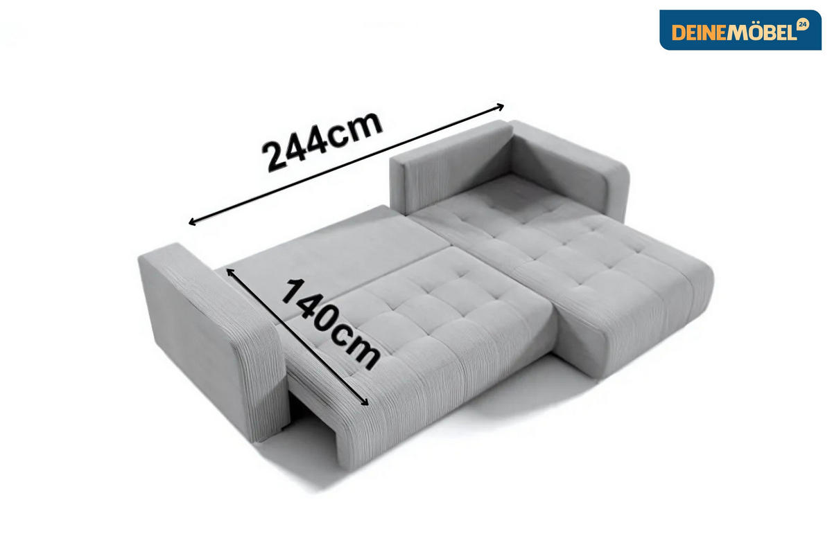 ECKSOFA CARACAS 288/185 in Cord Hellgrau mit Schlaffunktion rechts - Hellgrau, Holz/Holzwerkstoff (288/185cm) - Deine Möbel 24