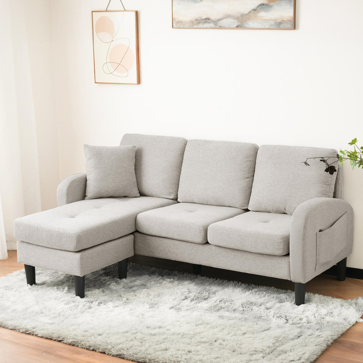 ECKSOFA Baumwoll-Leinenbezug mit modularer Chaiselongue Beige Grau Weiß 166/118/77 cm - Greige, Textil (166/118cm) - Redom