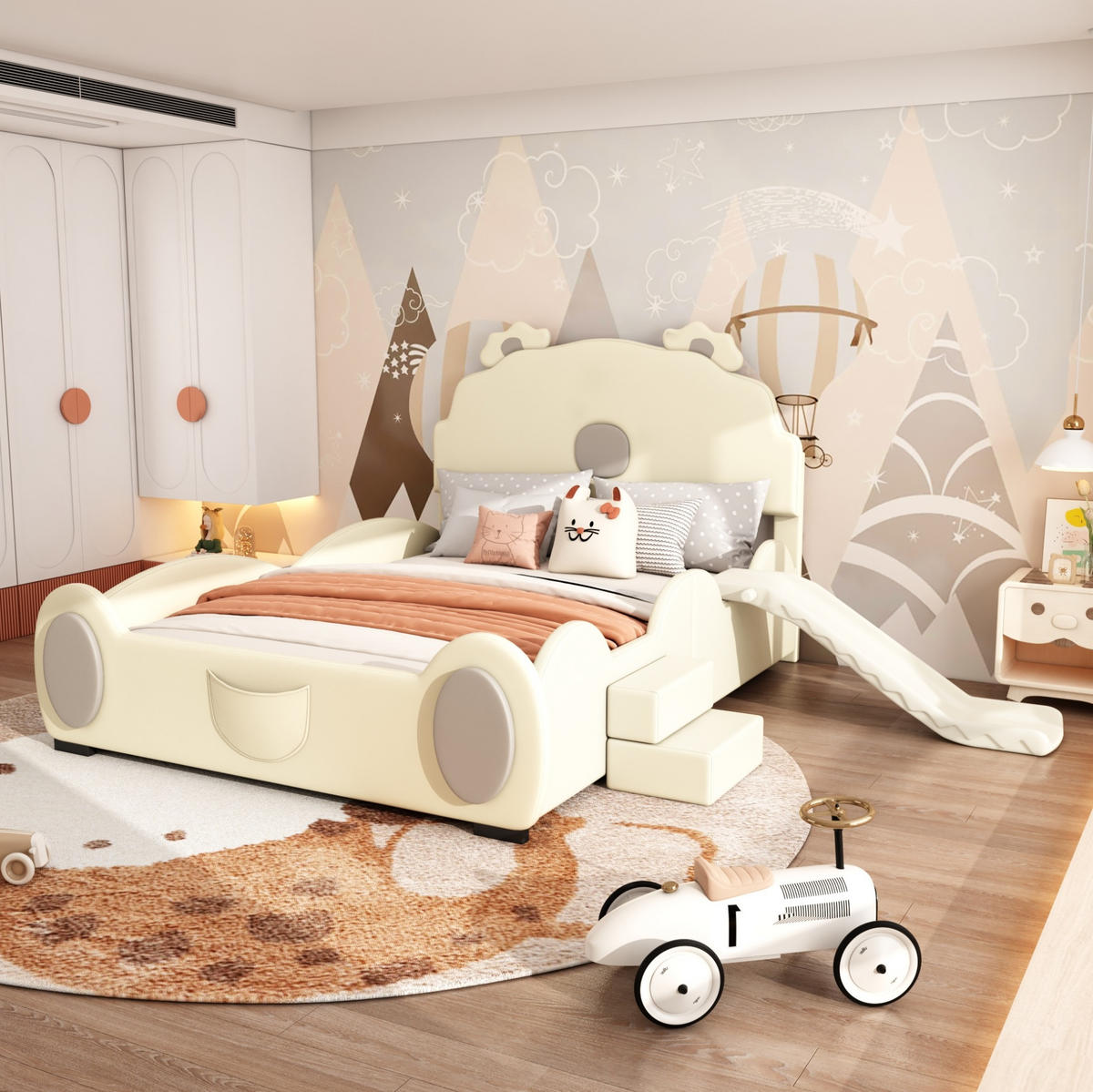 KINDERBETT aus PU 140x200 cm in Beige mit Rutsche & Leiter - Beige, Kunststoff (140/200cm) - Modfu