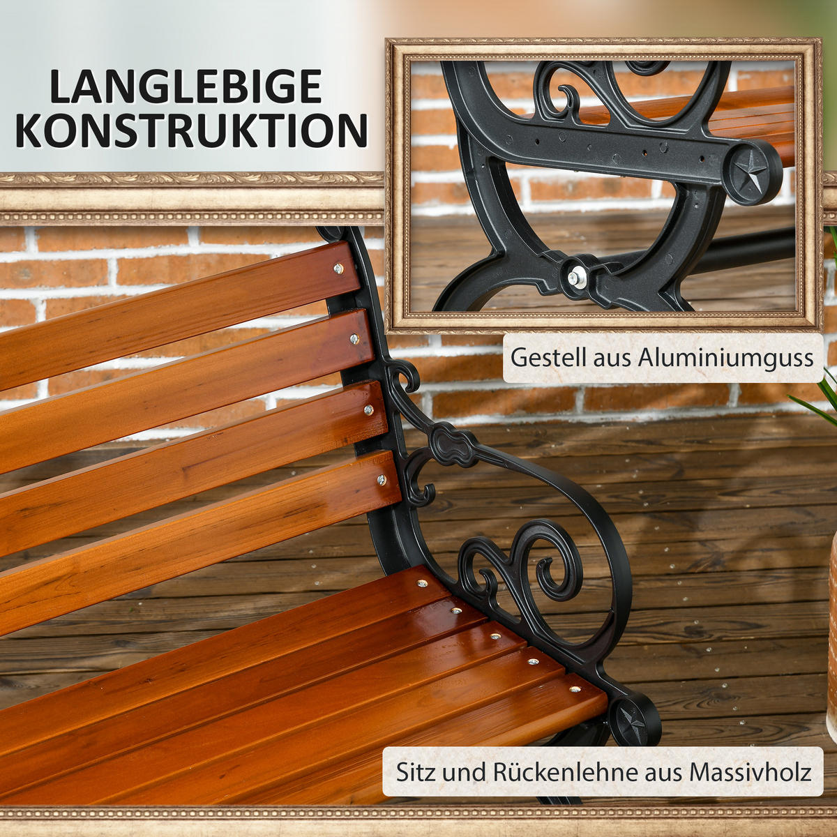 GARTENBANK, für 2 Personen, mit Armlehnen, für Garten, Balkon, wetterfest, Holz, Teak - Teakfarben, Holz/Metall (64/79/120cm) - Outsunny