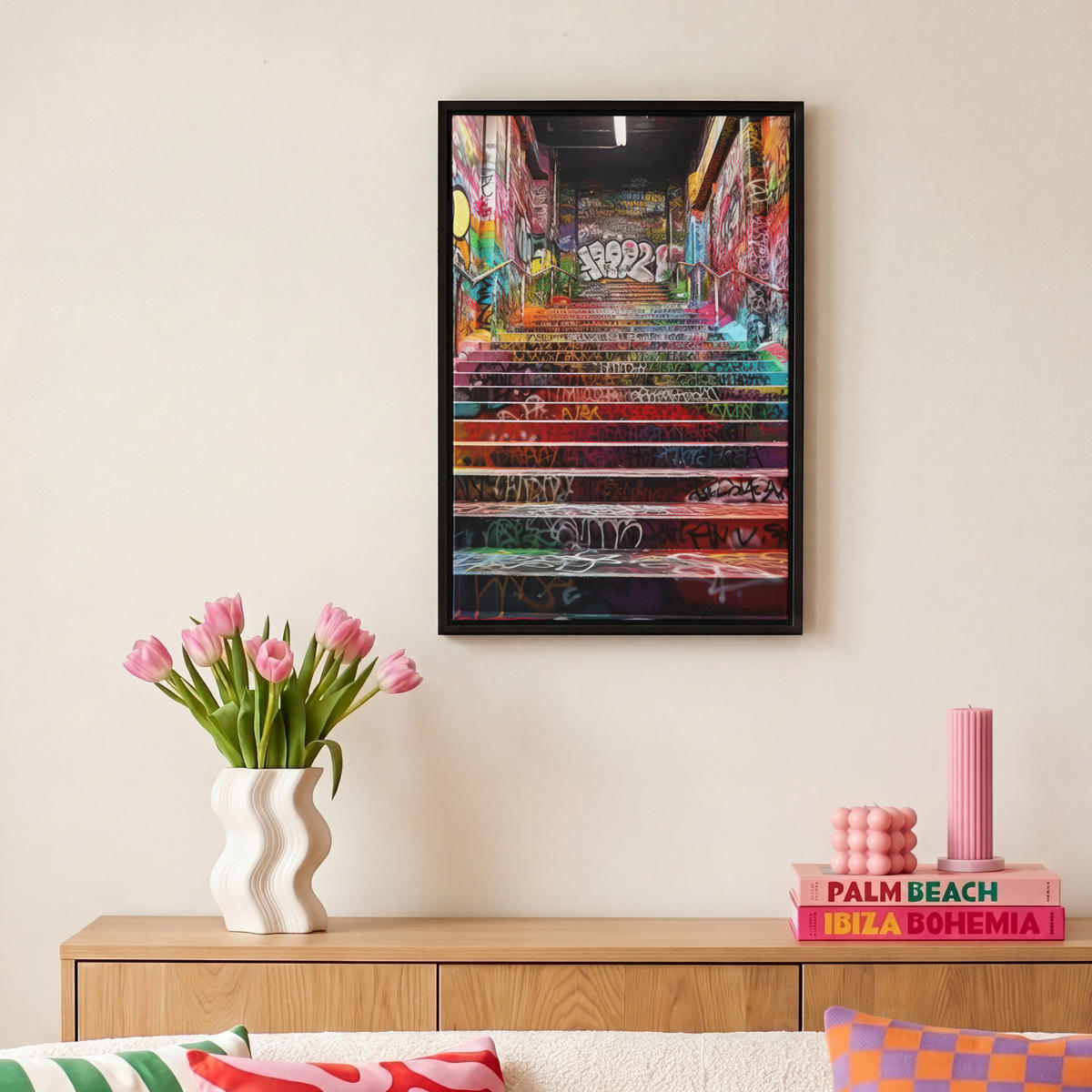 LEINWAND Bilder mit Rahmen - Treppe - Graffiti - Farben - Kunst - 20x30 - Multicolor, Textil (20/30cm) - MuchoWow