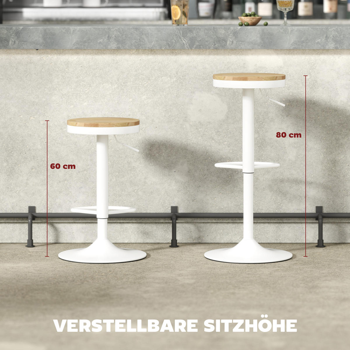 BARHOCKER 2er-Set DE-08040 höhenverstellbar, 360° drehbar Weiß - Naturfarben/Weiß, Holzwerkstoff (38.5/80/38.5cm) - ComfortXL
