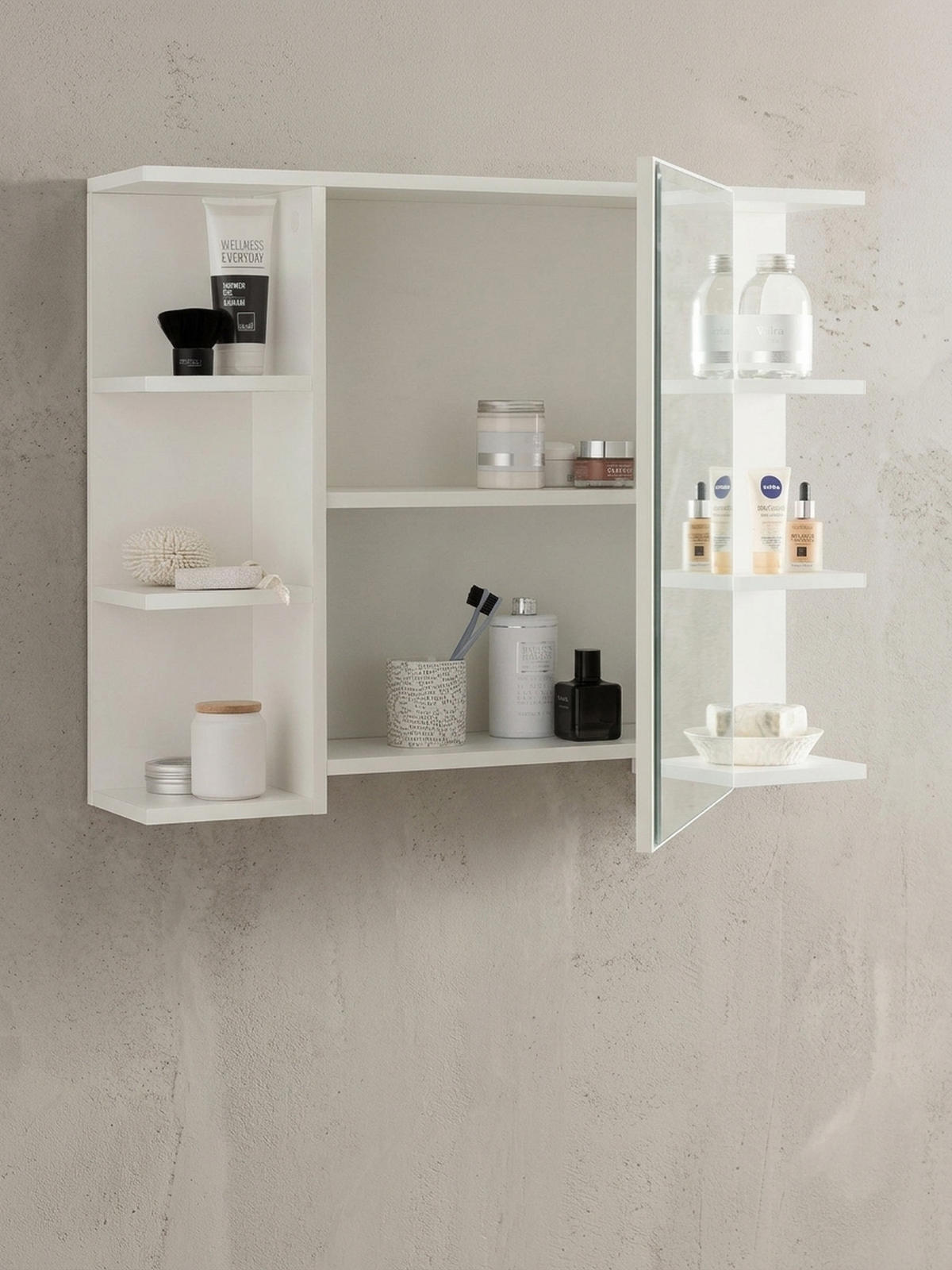 HÄNGESCHRANK Weiß aus Spanplatte mit Spiegel und seitlichen Ablagen 80x64,5x20 cm - Weiß, Holz (80/65/20cm) - KADIMA DESIGN