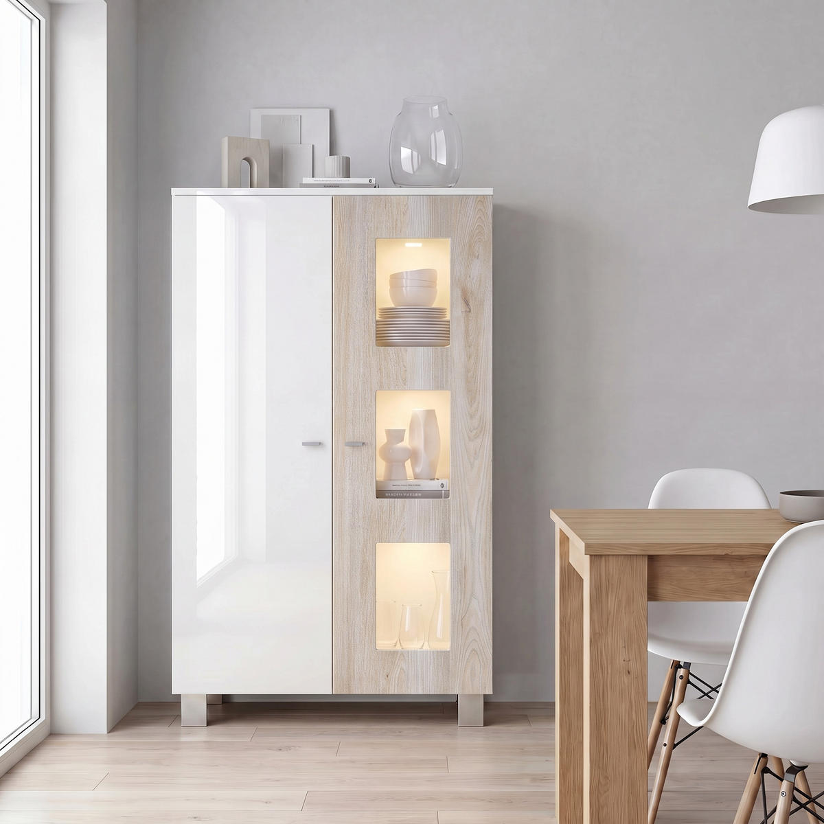 VITRINE Denjo Tür in Eiche Nordic - Silbereichenfarben, Holzwerkstoff (71/129/35cm) - Vladon