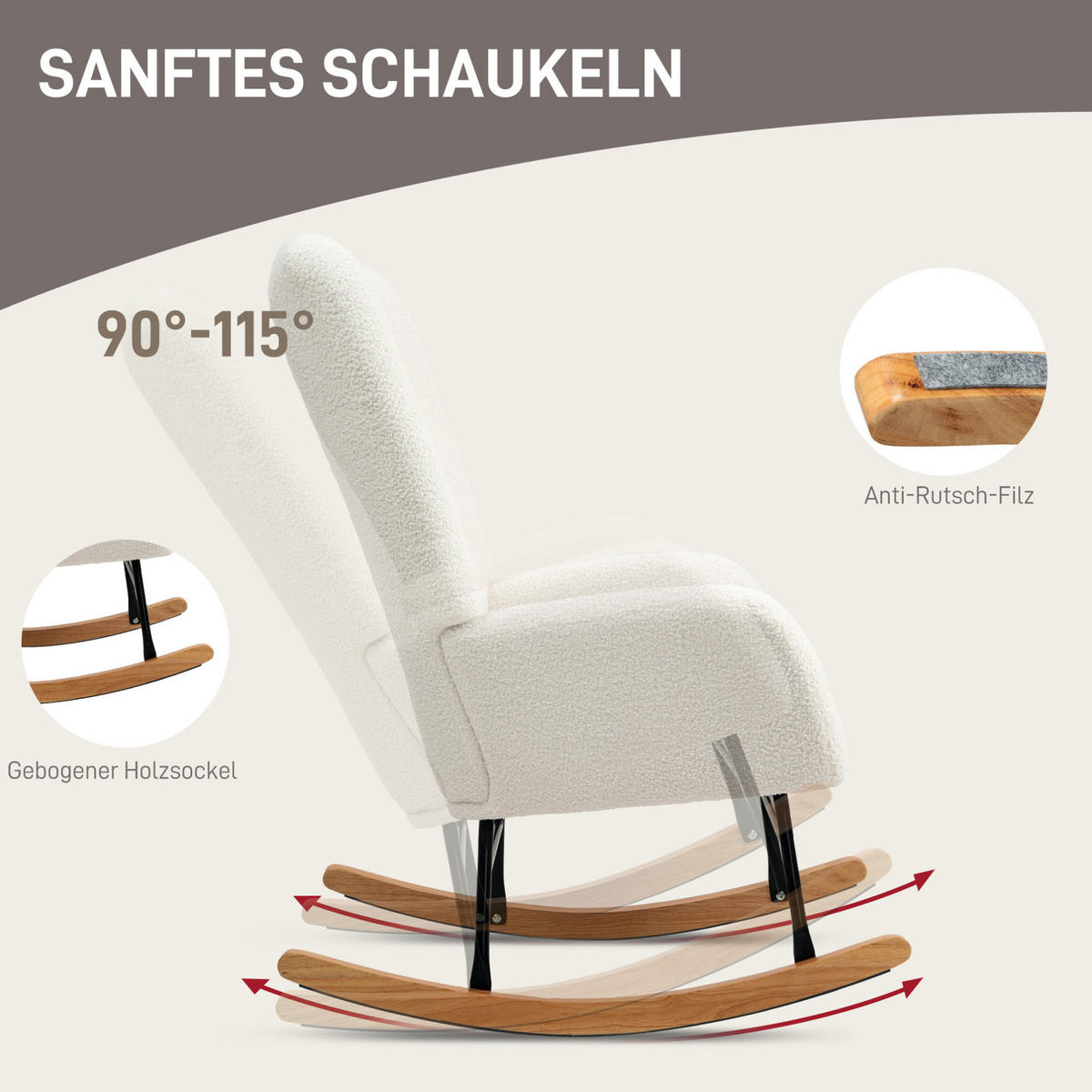 SCHAUKELSTUHL 69/92/100 cm in Cremeweiß mit Teddystoff und Holzkufen - Creme, Textil (69/100/92cm) - Flora Grace