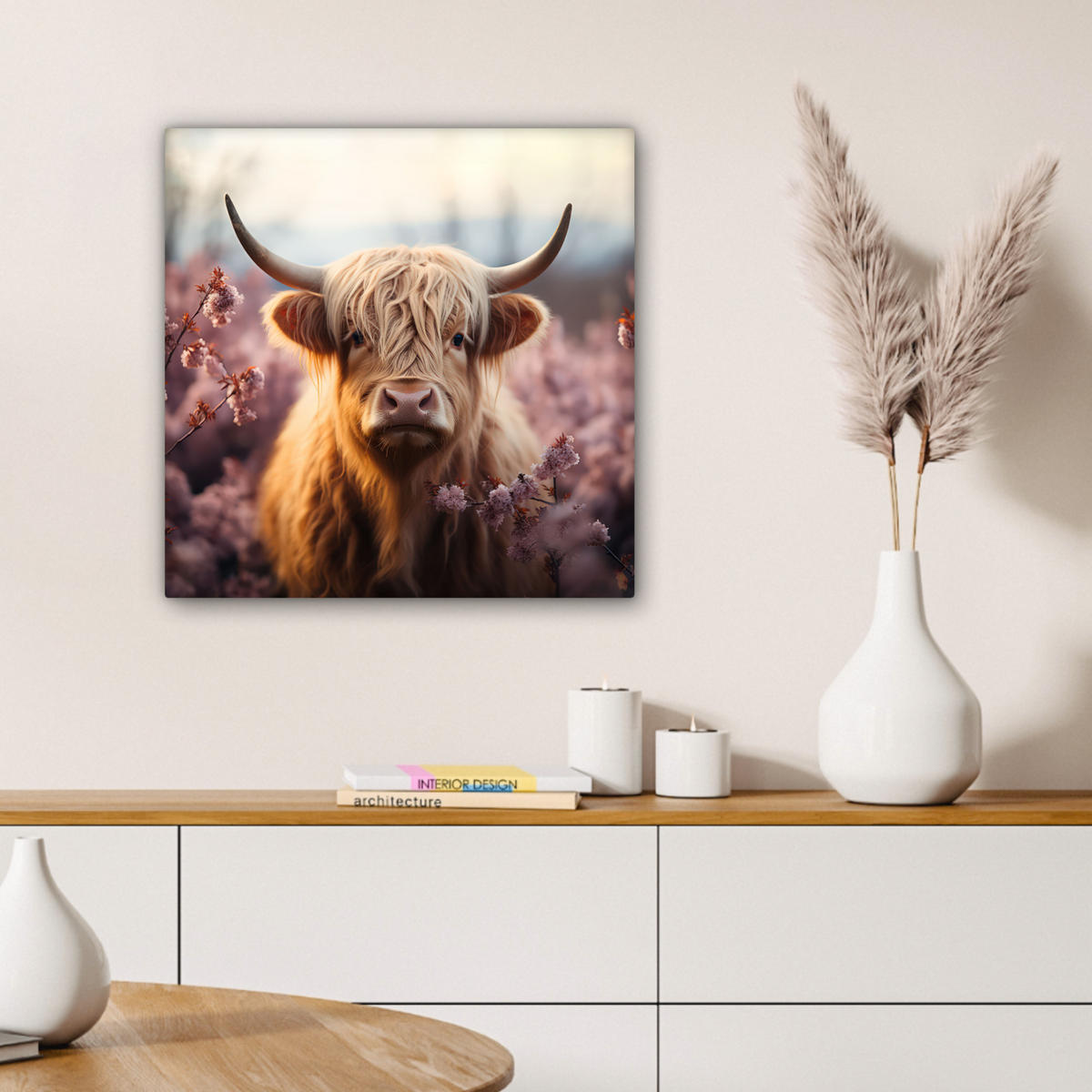 LEINWANDBILD - Schottischer Hochländer - Frühling - Hochland - 50x50 - Room Decor - Hellrosa, Textil (50/50cm) - MuchoWow