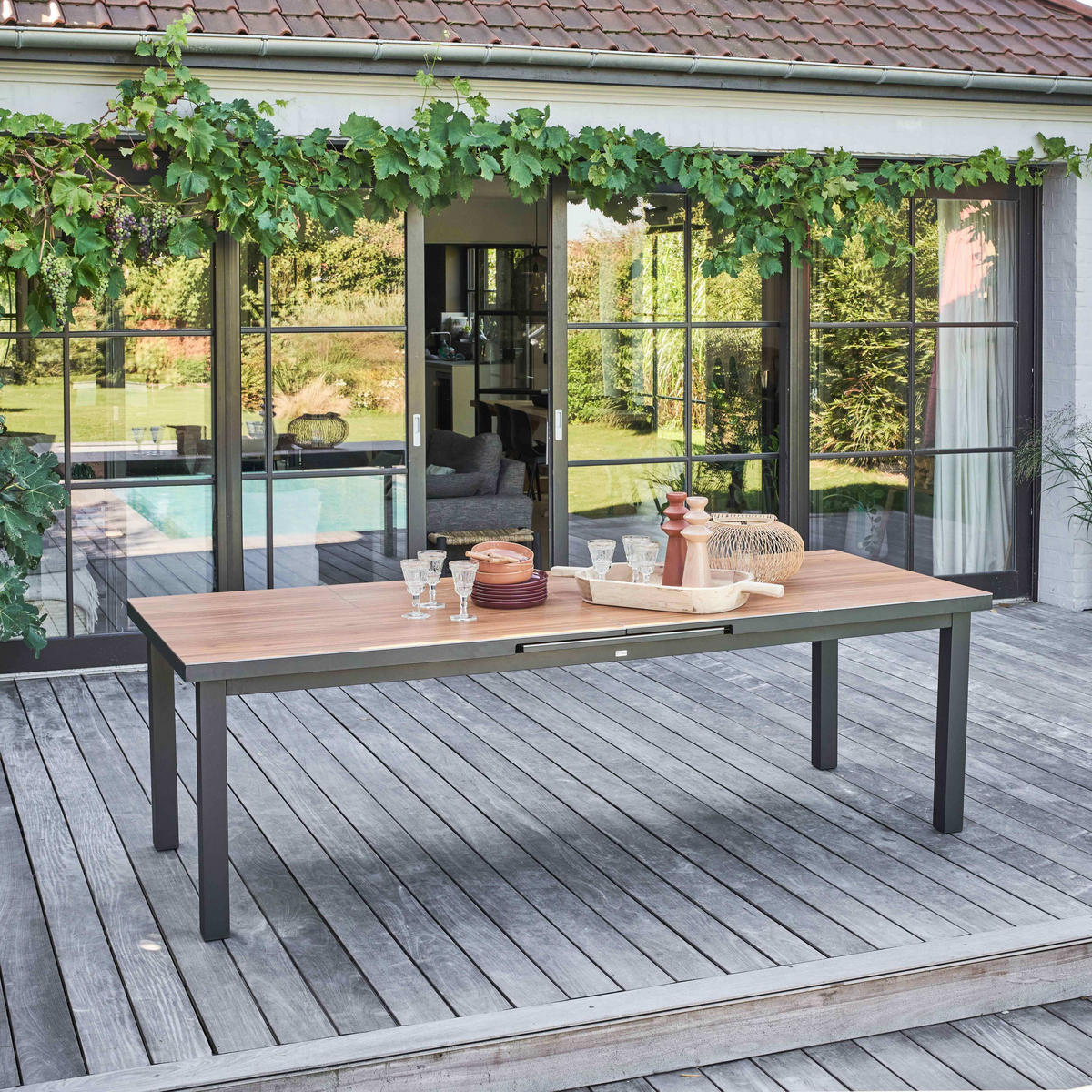 GARTENTISCH ausziehbar, Holzfarbe - Braun, Metall (100/320/76cm) - Oviala