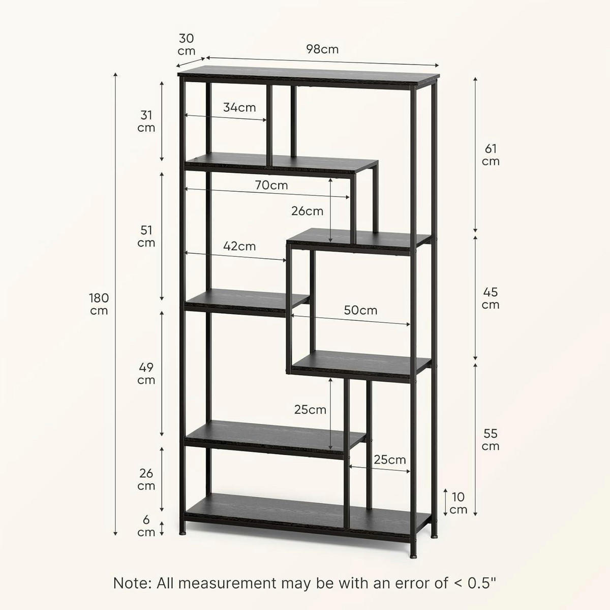 BÜCHERREGAL 5-stöckig Schwarz 98 x 30 x 180 cm - Schwarz, Metall (30/180/98cm)