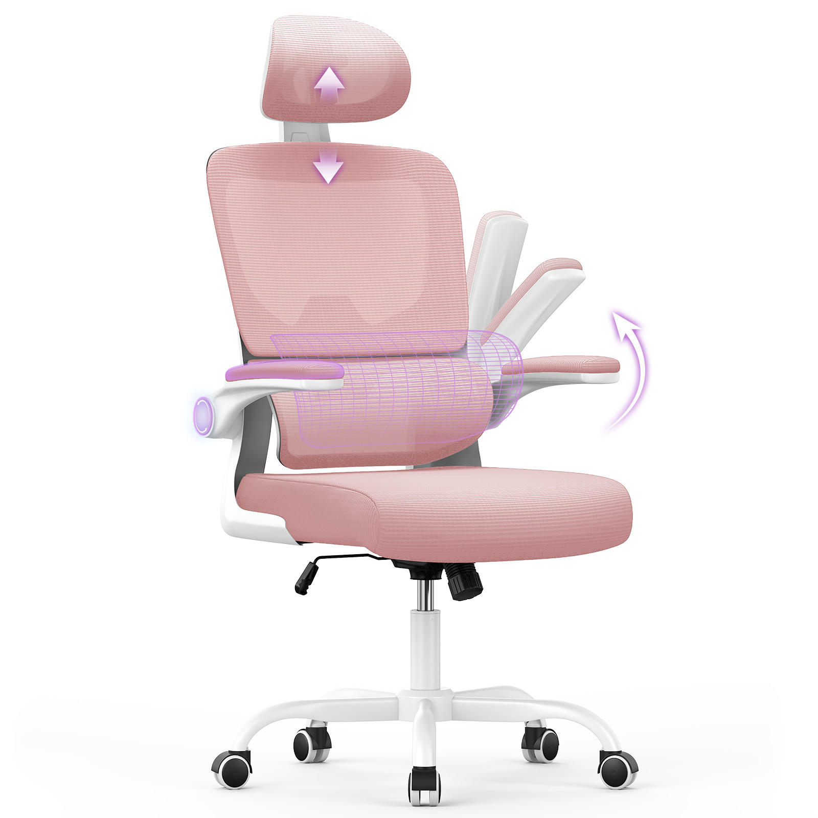 BÜROSTUHL Weiß-Pink ergonomisch mit klappbaren Armlehnen - Pink, Metall (25/52.5/65cm) - Rattrix