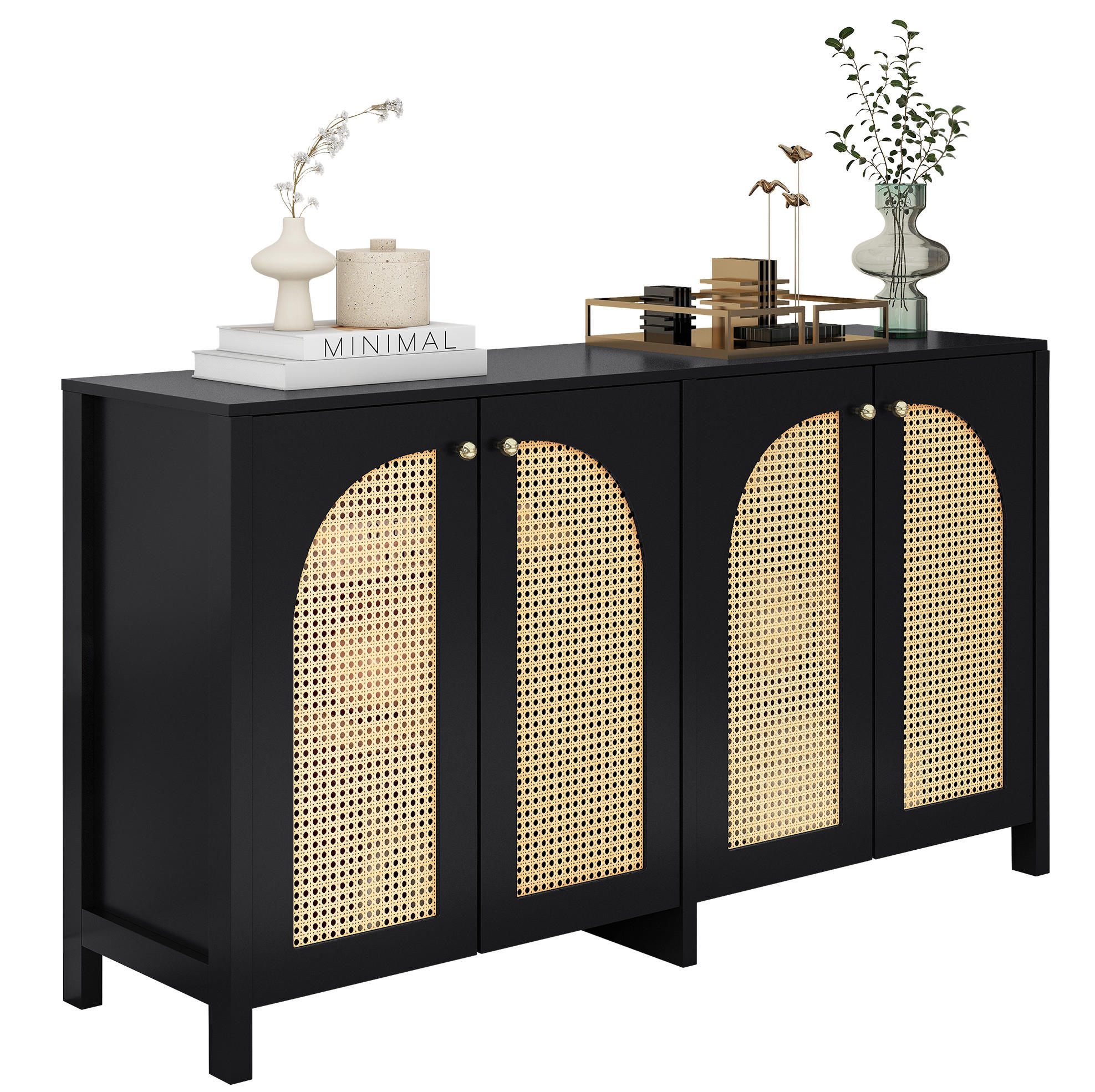 SIDEBOARD 4-türig Kunst-Rattan Schwarz - Schwarz, Holzwerkstoff (145/40/80cm) - Meubliv