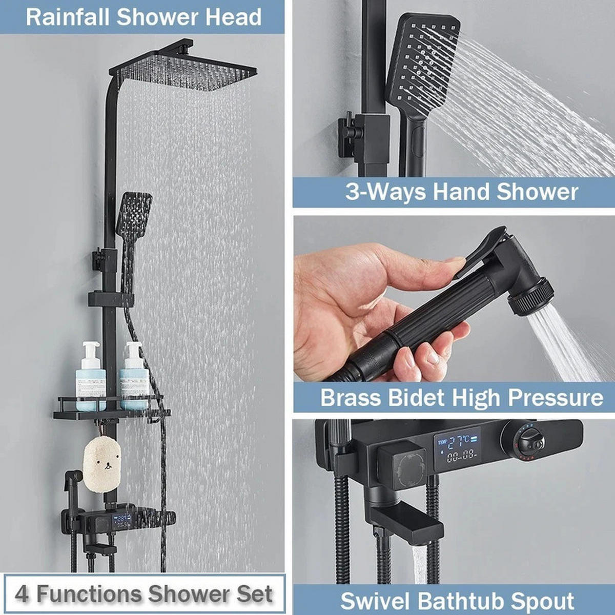 THERMOSTATISCHES Duschsystem 4 Funktionen mit Digitalanzeige Schwarz – Regendusche, Handbrause, integrierte Ablage & Bidet, Badezimmer Armatur - Schwarz, Metall (19/120/29cm) - Kaket