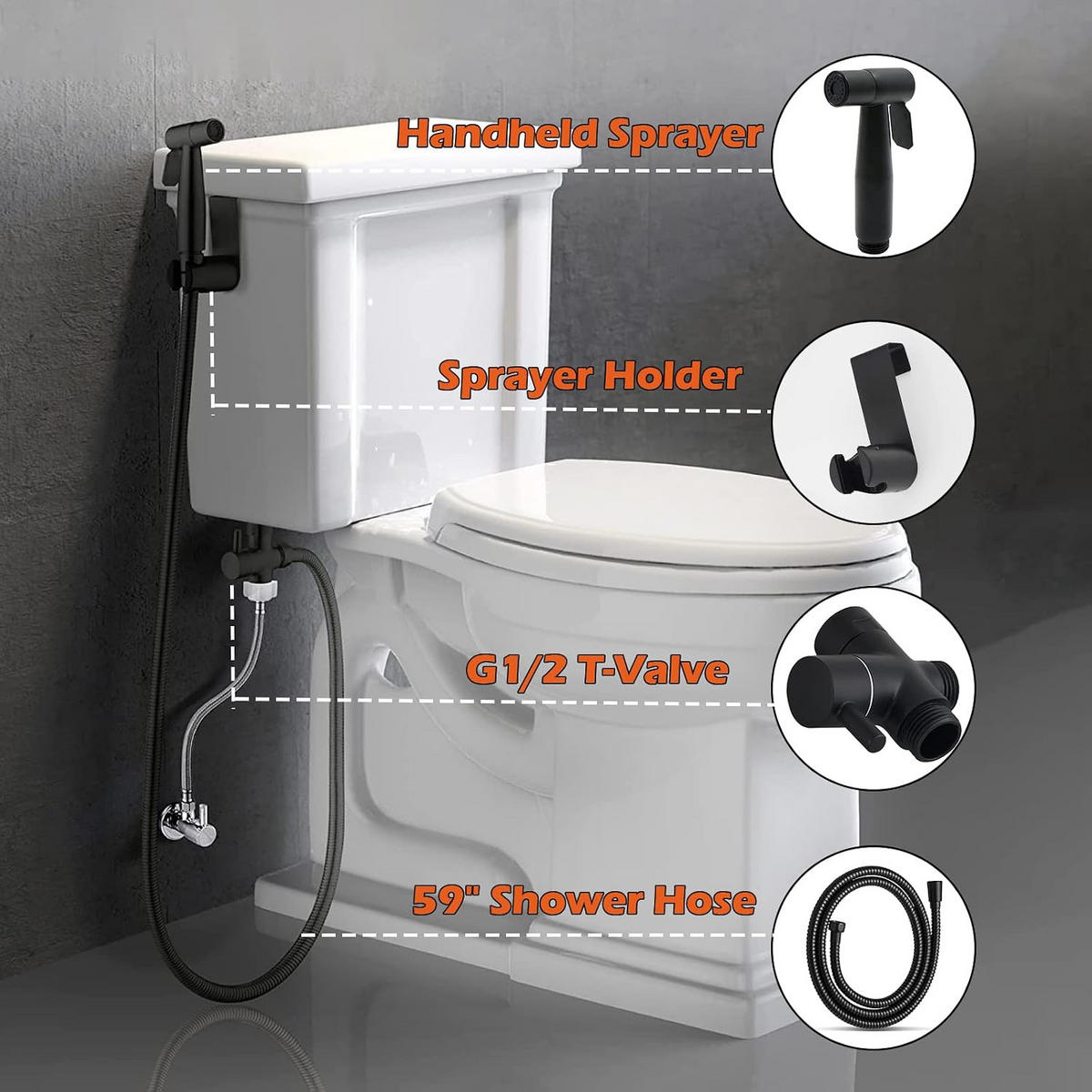 WC-BIDET-AUFSATZ – Schwarz – Handspülung – G1/2 Umsteller - Schwarz, Metall (22.5/6/12.5cm)