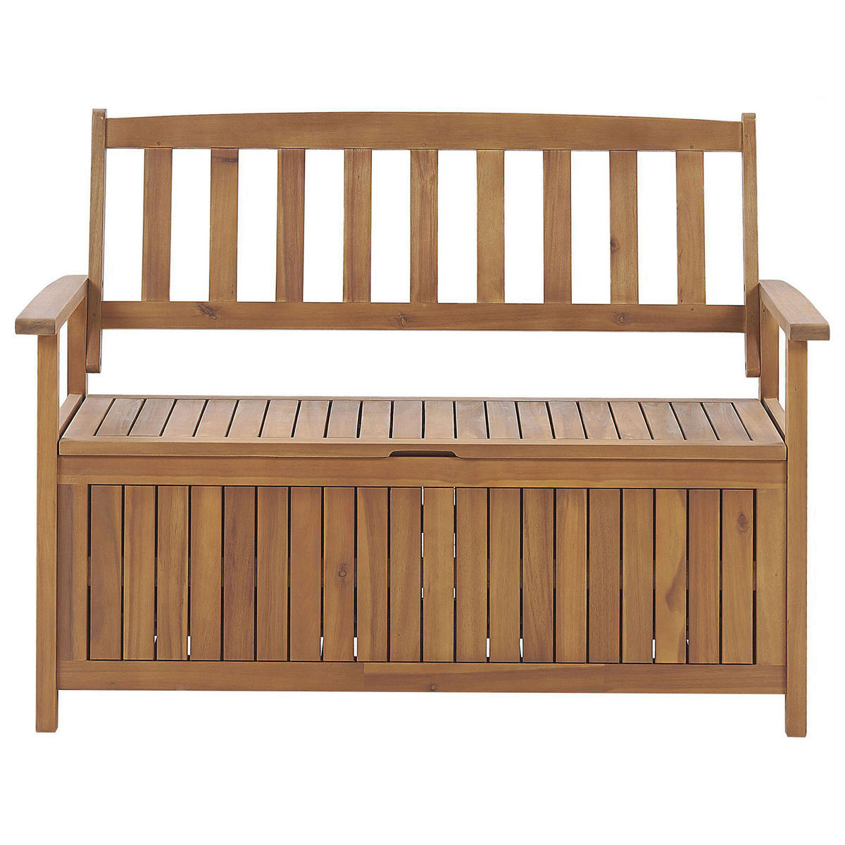 GARTENBANK Akazienholz hellbraun mit Stauraum Auflage terracotta 120 cm Sovana - Hellbraun/Terracotta, Holz (120/91/60cm) - Beliani