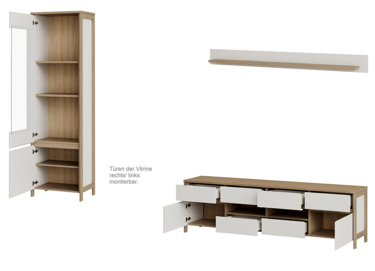 WOHNWAND weiß, Eiche, Wohnkombination skandinavisch 3-teilig 266 cm, Soft-Close, Finnes - Eichefarben/Weiß, Holzwerkstoff/Metall (266/195/39cm) - Furn.Design