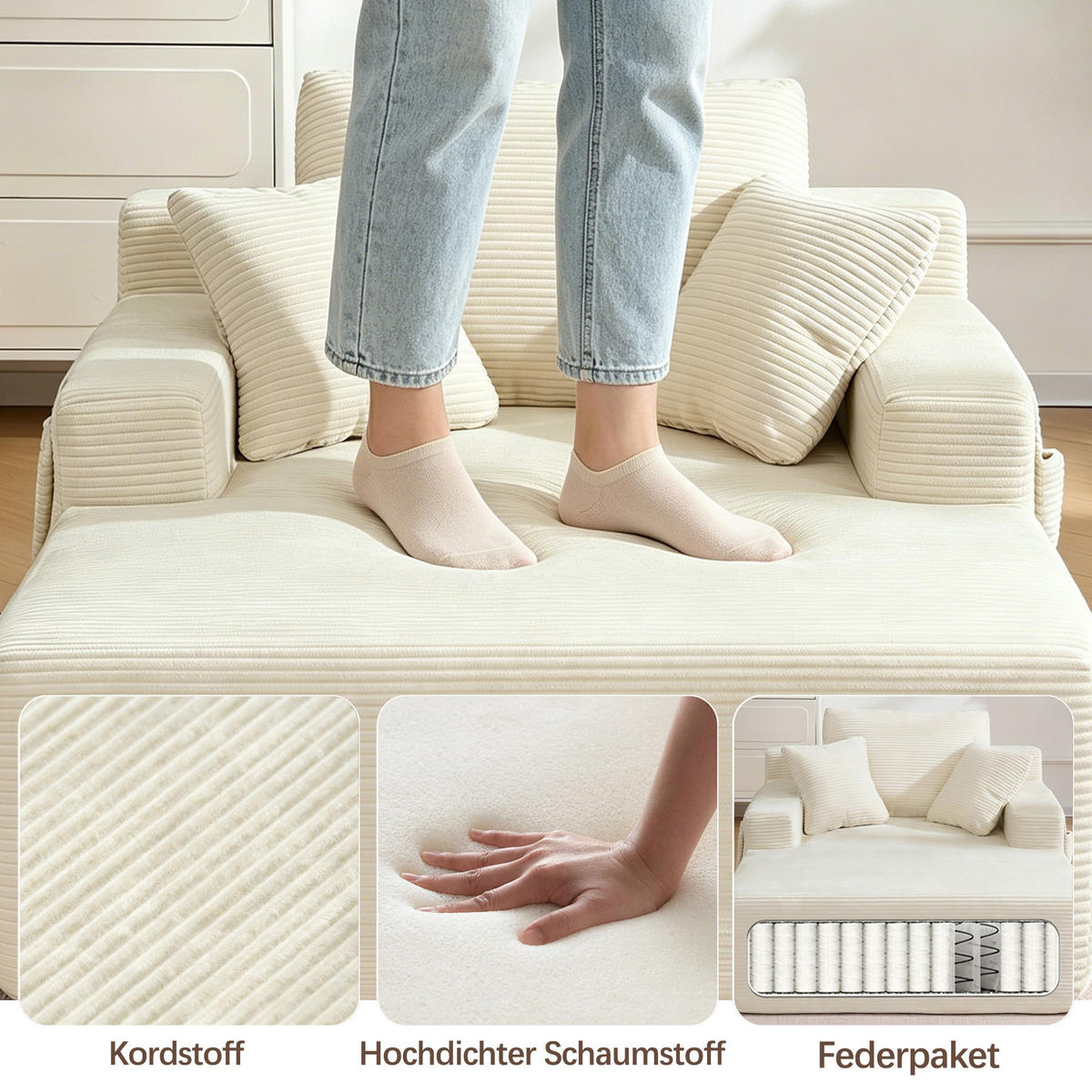 SCHLAFSOFA aus Cord mit Seitentaschen und weichen Sitzkissen - Beige, Textil (110/150/70cm) - EVRYAE