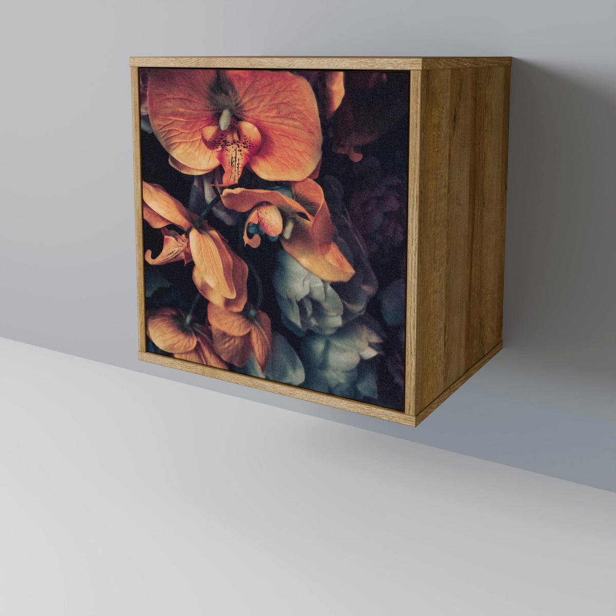 SIDEBOARD NEVERENDING BLOOM, Eichefarben, 57,5x42x70,5 cm, Schwarze Metall-Sternfüße - Eichefarben/Multicolor, Holzwerkstoff/Metall (57.5/70.5/42cm) - SpaceRebels