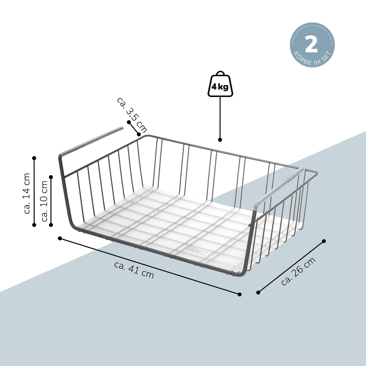 SCHRANKKORB 2er-Set inkl. Einlegeboden, grau - Grau, Metall (41/14/26cm) - eluno