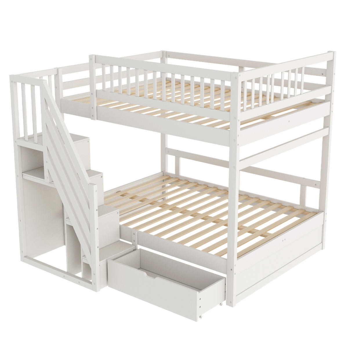 ETAGENBETT 140/200 cm mit Lattenrost, Stauraumtreppe und Schubladen, Weiß - Weiß, Holzwerkstoff (140/200cm) - Redom