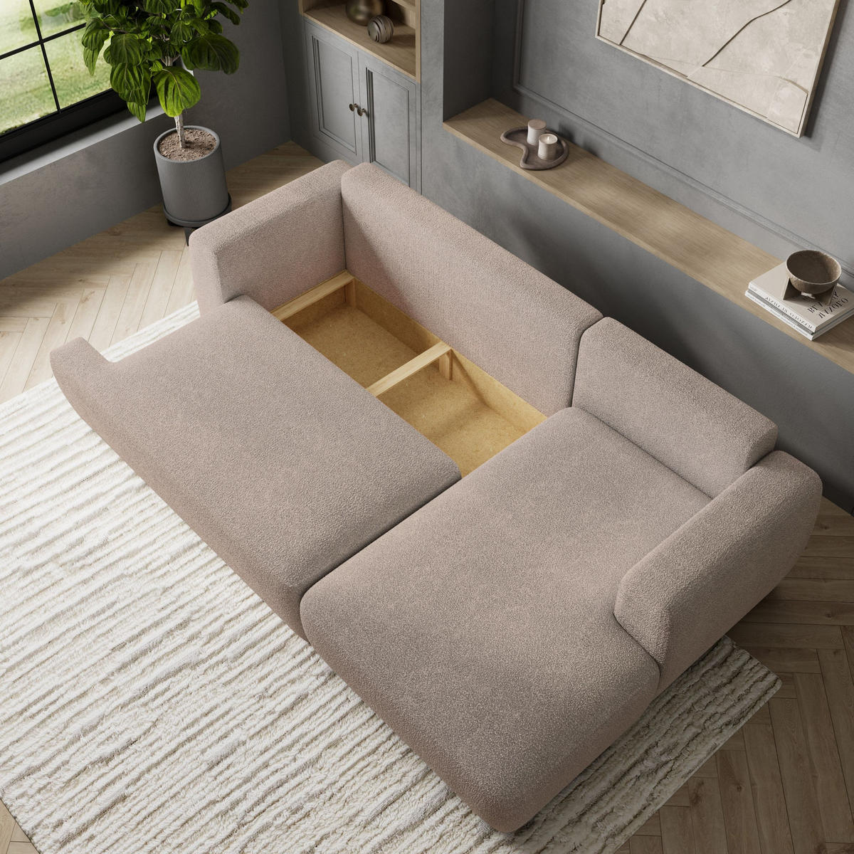 ECKSOFA SENTI N R-S Beige Boucle-Stoff mit Schlaffunktion - Beige, Holz (246/148cm) - MASSENO