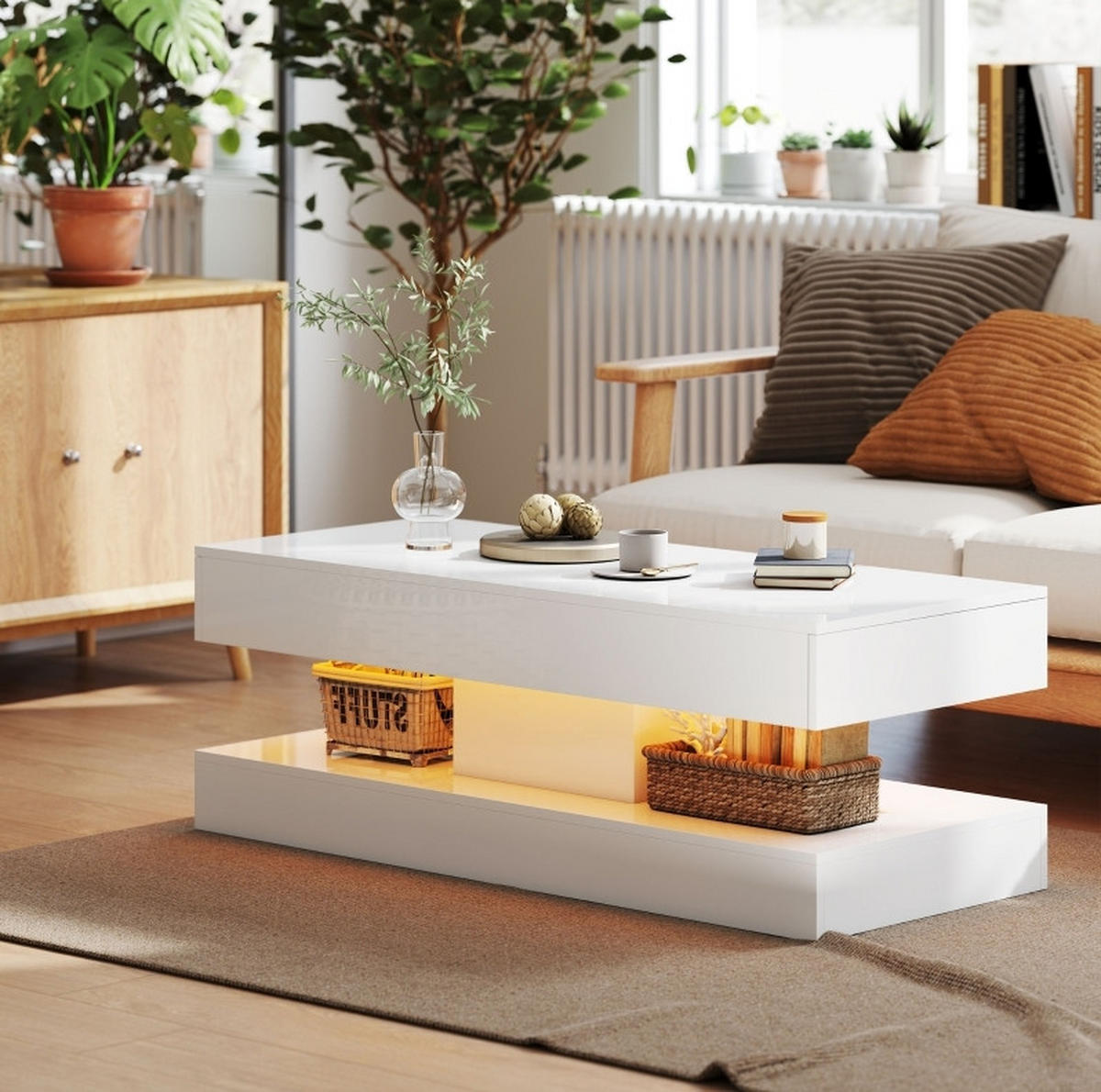 COUCHTISCH 120/50/42 cm weiß aus Spanplatte mit LED-Licht - Weiß, Holz (120/50/42cm) - OKMYHOME
