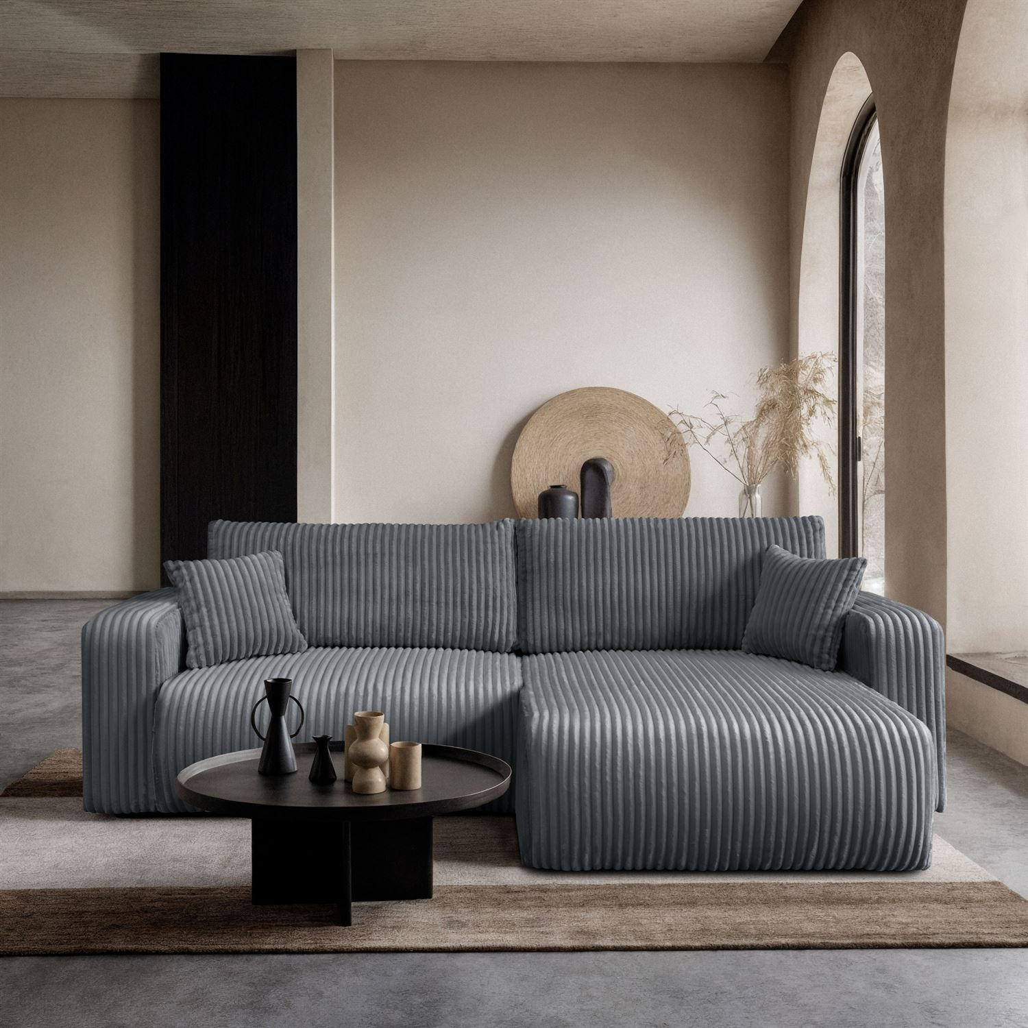 Ecksofa MOVE mit Schlaffunktion und Bettkasten, Tilia 85 - Dunkelgrau, Textil (247/143cm) - Lookway