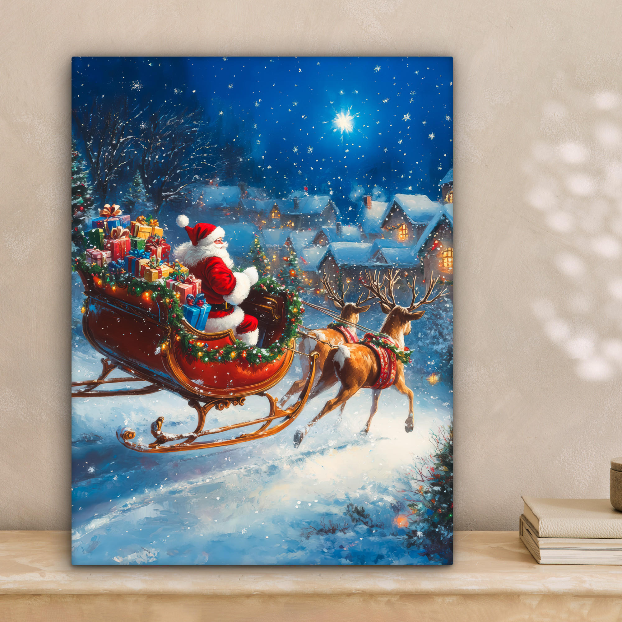 LEINWANDBILD Weihnachtsmann - Rentier - Weihnachten - Schnee 30x40 cm - Cognac, Textil (30/40cm) - MuchoWow
