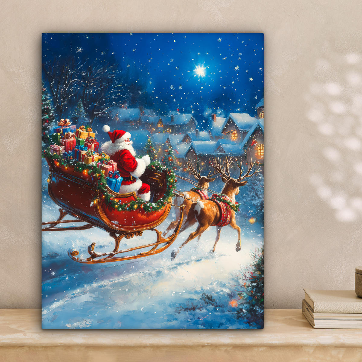 LEINWANDBILD Weihnachtsmann - Rentier - Weihnachten - Schnee 30x40 cm - Cognac, Textil (30/40cm) - MuchoWow