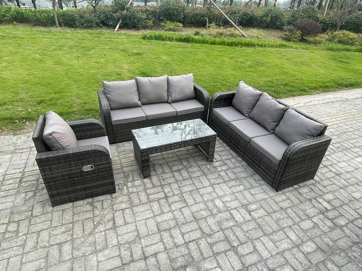 GARTENMÖBEL SET mit Sofa Polyrattan 7-Sitzer Dunkelgrau - Dunkelgrau/Grau, Glas/Kunststoff - Fimous
