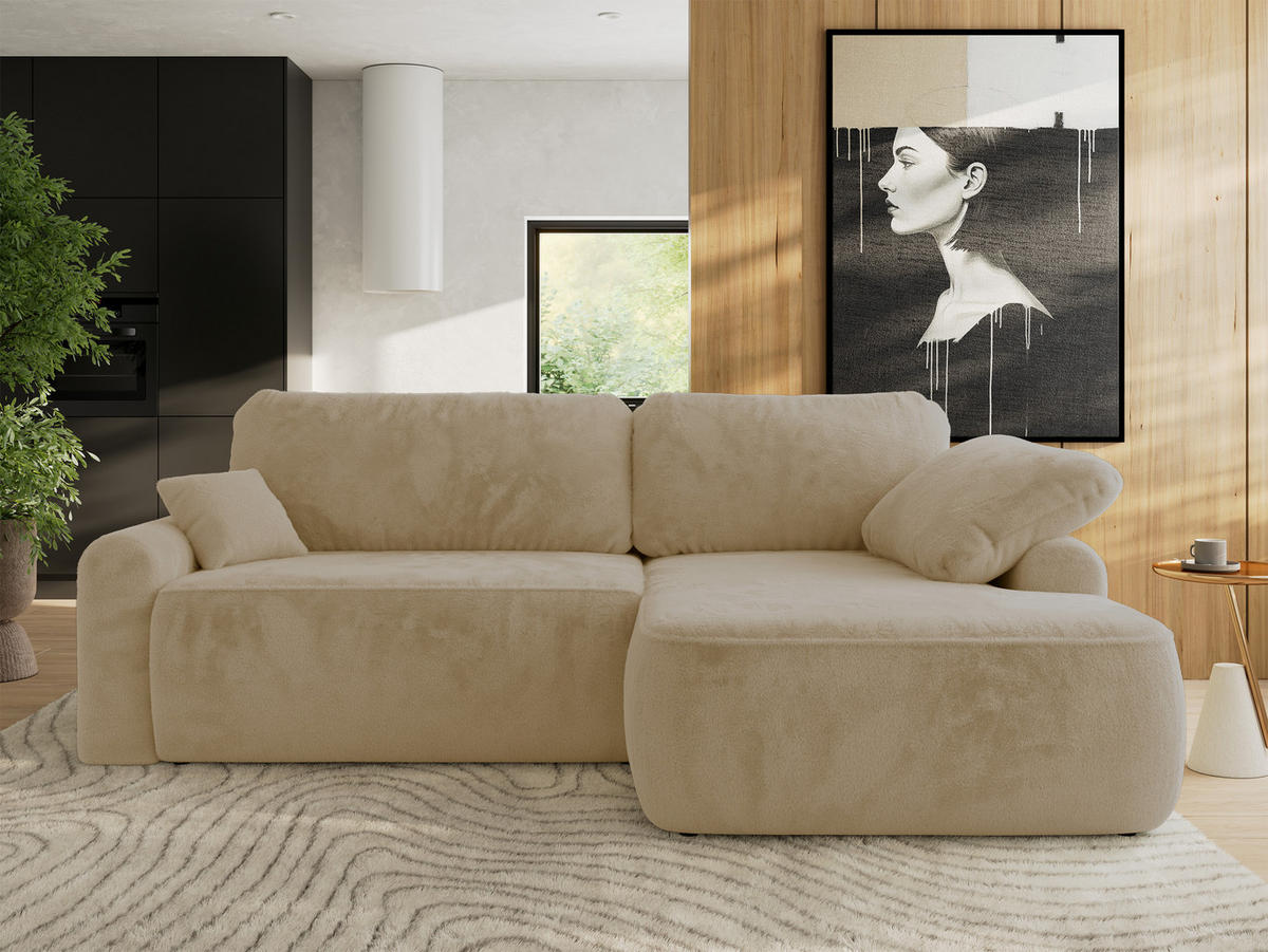ECKSCHLAFSOFA CUBO L Creme Plüsch - rechts - Creme/Schwarz, Kunststoff/Textil (187/273cm) - MKS