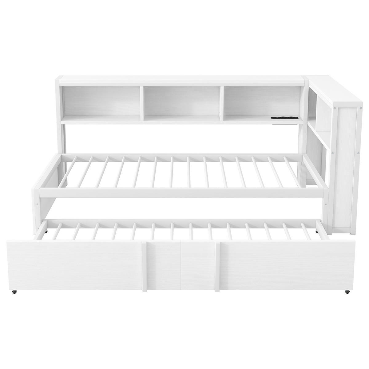 RAHMENBETT 90x200cm, Metall, Ausziehbett, Stauraum, LED, USB, Weiß - Weiß, Holzwerkstoff (90/200cm)