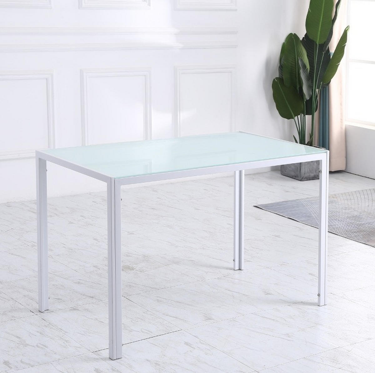 JÍDELNÍ stůl 120/60/75 cm bílý z kovu a tvrzeného skla pro 4 osoby - bílá, kov (120/60/75cm) - OKWISH