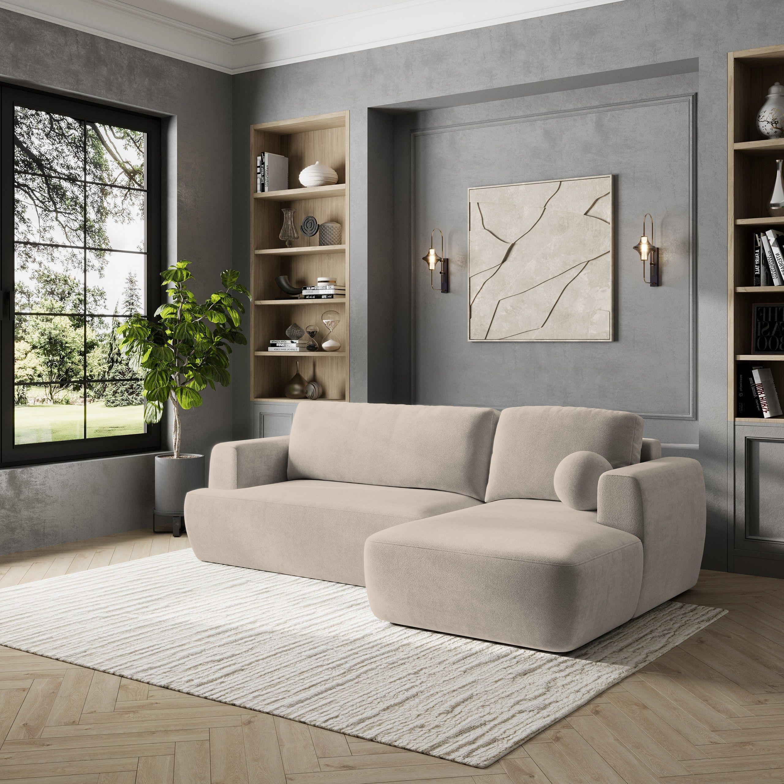 ECKSOFA SENTI K R-S Beige Plüsch-Stoff mit Schlaffunktion - Beige, Holz (246/148cm) - MASSENO