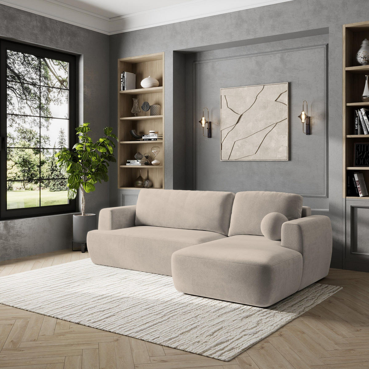 ECKSOFA SENTI K R-S Beige Plüsch-Stoff mit Schlaffunktion - Beige, Holz (246/148cm) - MASSENO