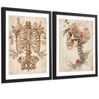 POSTER Set aus 2 Anatomie Mensch Drucke und Wandbilder mit Skelett Schädel Wirbelsäule Rippen Becken Klassischer Stil Größe Schwarzer Rahmen A4 - Schwarz, Papier (21/29.7/3cm) - Nacnic