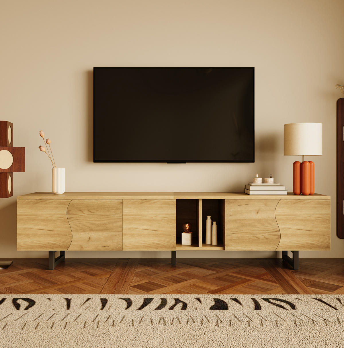 TV-SCHRANK 191/38/46,5 cm mit offenen Fächern und geschwungenen Türen, Holzoptik mit Eisenrahmen, Natur - Hellbraun, Holzwerkstoff (191/46.5/38cm) - Redom