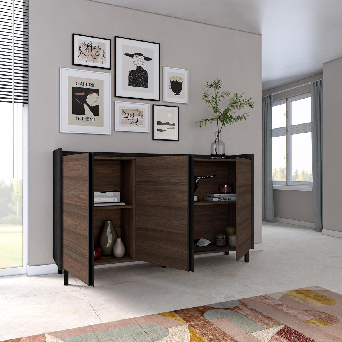 SIDEBOARD, Dunkler Eiche und Schwarz, 156/35/91cm, mit Beinen - Dunkelbraun, Holzwerkstoff (156/91/35cm) - Skraut Home