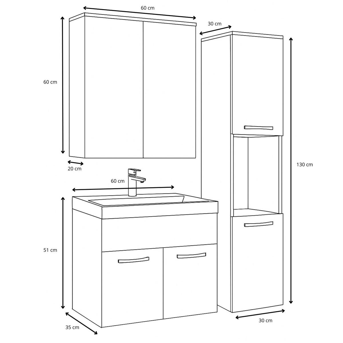 BADMÖBEL-SET Montreal 4 Teile Spiegelschrank Braun Eiche - 60 x 35 x 51 cm - Chromfarben/Braun, Holz/Metall (60/51/35cm) - Badplaats