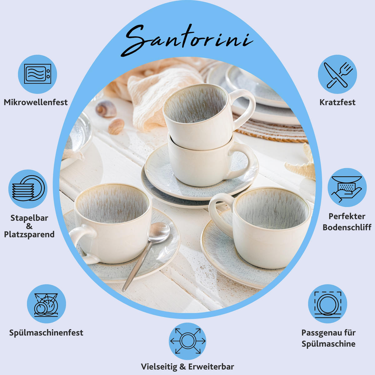 KAFFEETASSEN SET SANTORINI - 8 teilig aus Steingut - Creme, Keramik (29/25/28cm) - Sänger