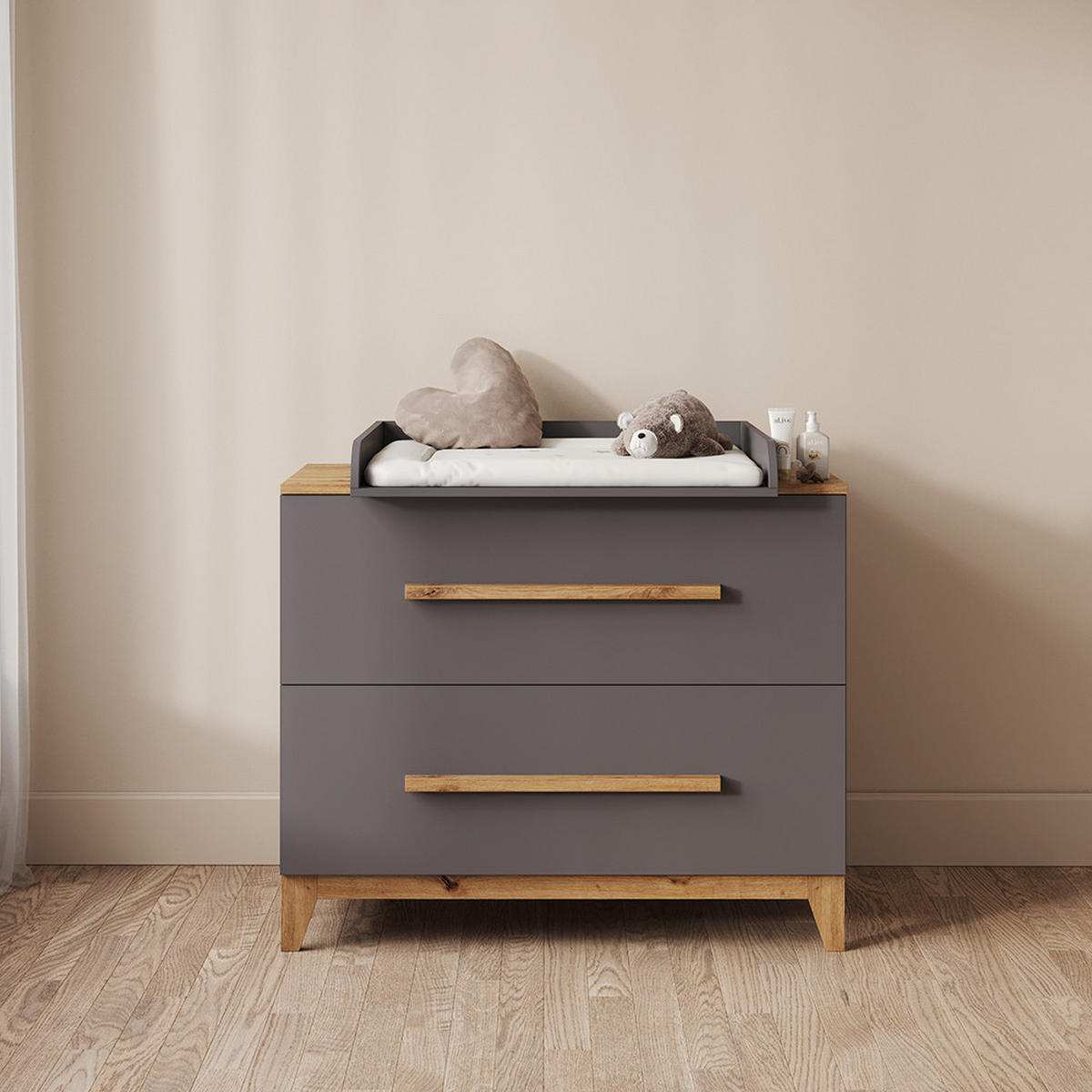 WICKELKOMMODE Mailo Grau/Artisan mit 2 Schubladen - Eiche Artisan/Grau, Holzwerkstoff (108/98/70cm) - Livinity®
