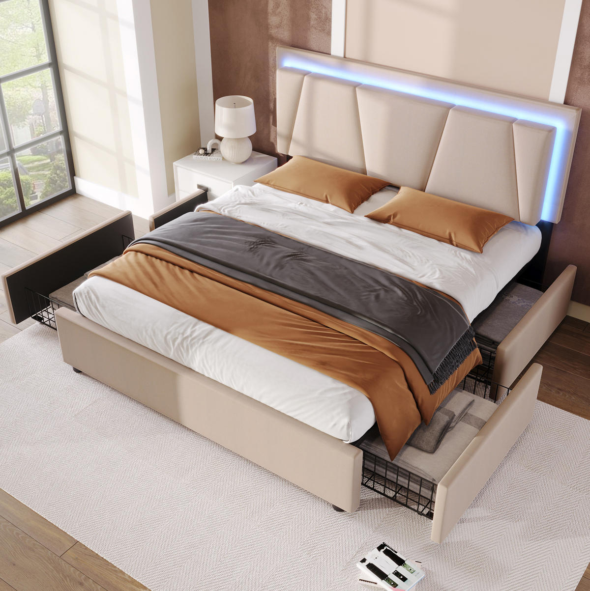 POLSTERBETT aus Leinen 160x200 cm in Beige mit LED-Beleuchtung & 4 Schubladen - Beige, Textil (160/200cm) - Modfu