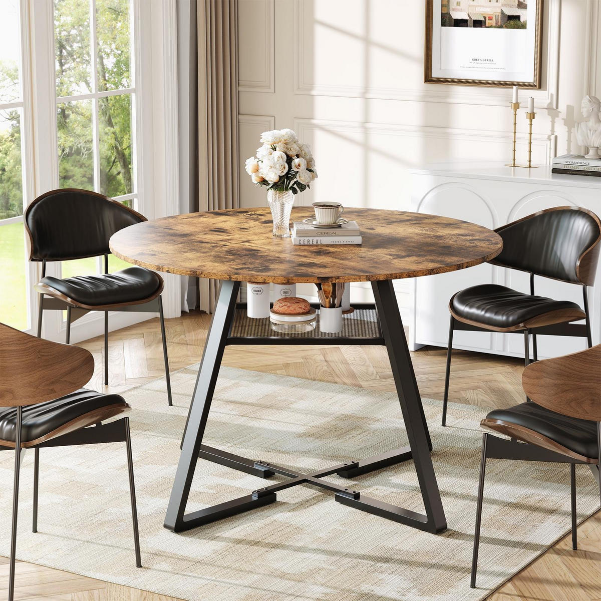 ESSTISCH Rund Ø 120 cm Industrial Design mit Ablagefach, MDF & Metall Schwarz-Braun - Braun, Metall (120/120/75cm) - DELFA
