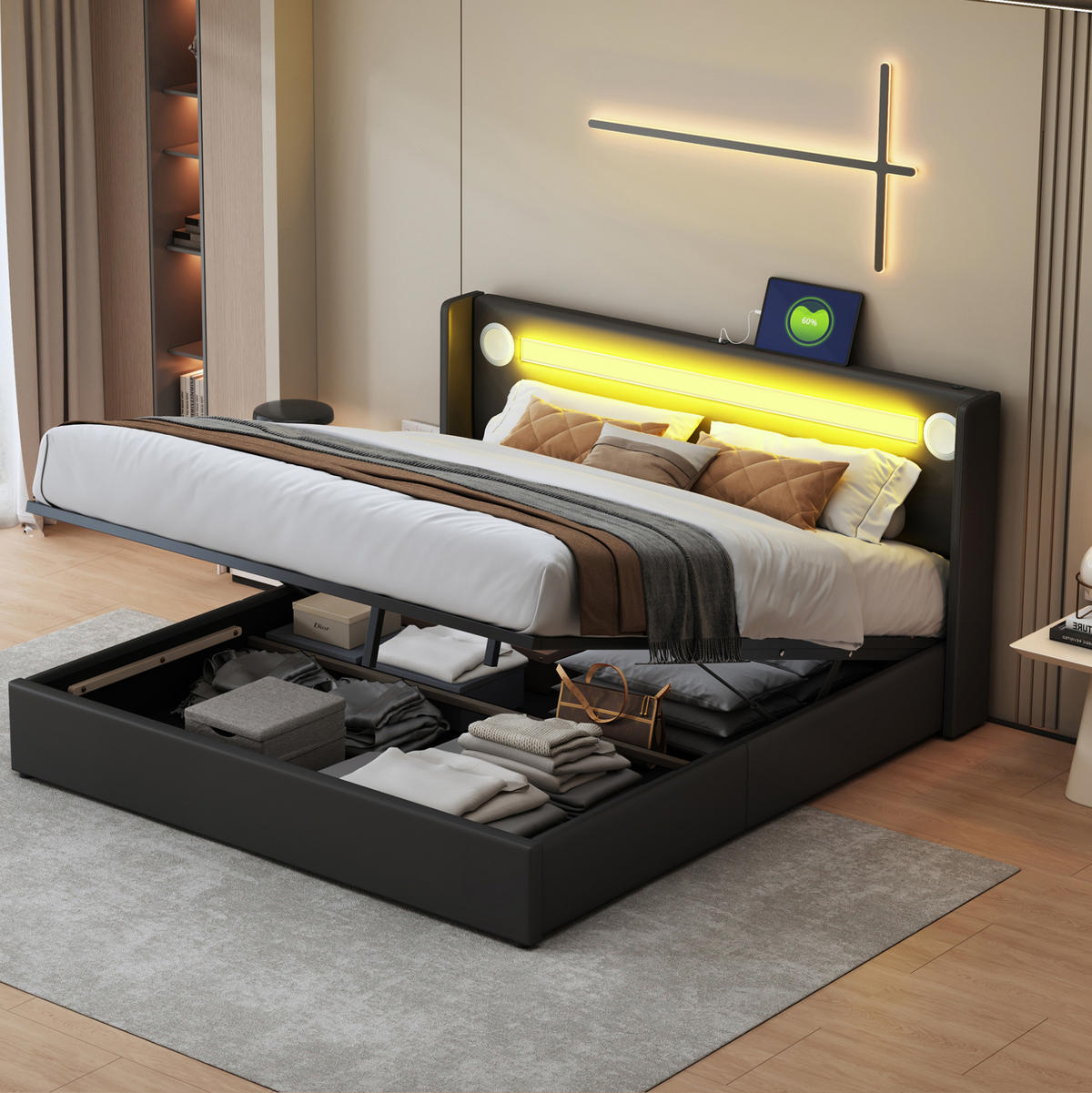 POLSTERBETT mit Bettkasten 160/200 cm in Schwarz mit LED-Beleuchtung & USB - Schwarz, Kunststoff (160/200cm) - BEAOK